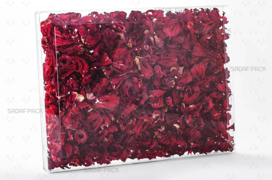 An elegant display of the Rectangle 500 container filled with Dried Hibiscus Petals, highlighting its suitability for export-quality packaging. 