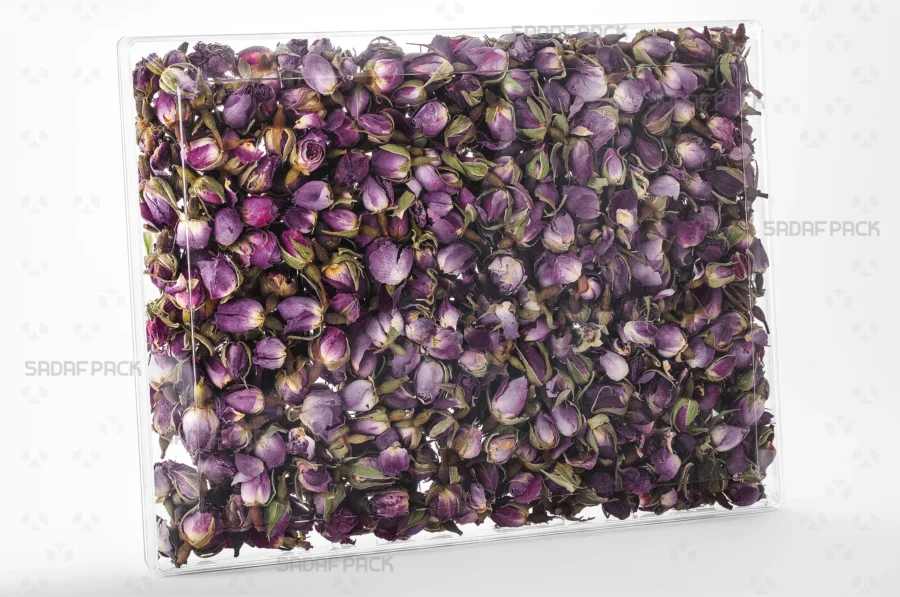 An elegant display of the Rectangle 500 container filled with Dried rose Petals, highlighting its suitability for export-quality packaging. 