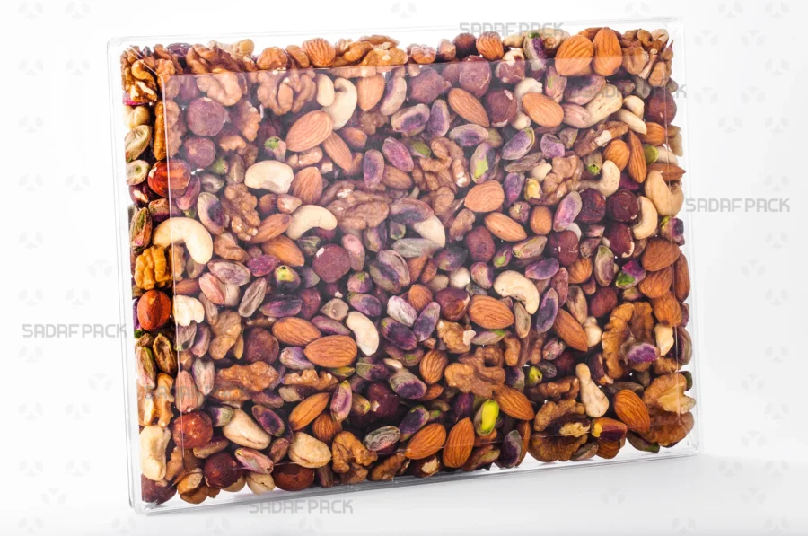 An elegant display of the Rectangle 500 container filled with nuts, highlighting its suitability for export-quality packaging. 
