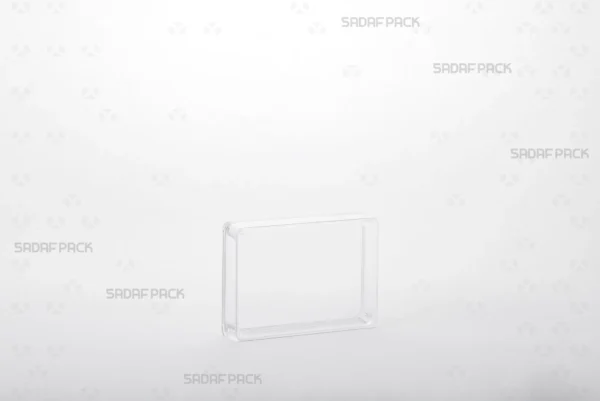 A three-quarter angle view of the elegant Rectangle 7 Deep Crystal container by Sadaf Pack, showcasing its clear, geometric design.