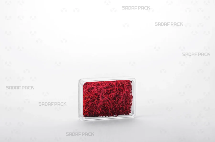 The Rectangle 7 Deep Crystal container filled with high-quality saffron, demonstrating its ideal capacity and clarity for export-grade saffron.