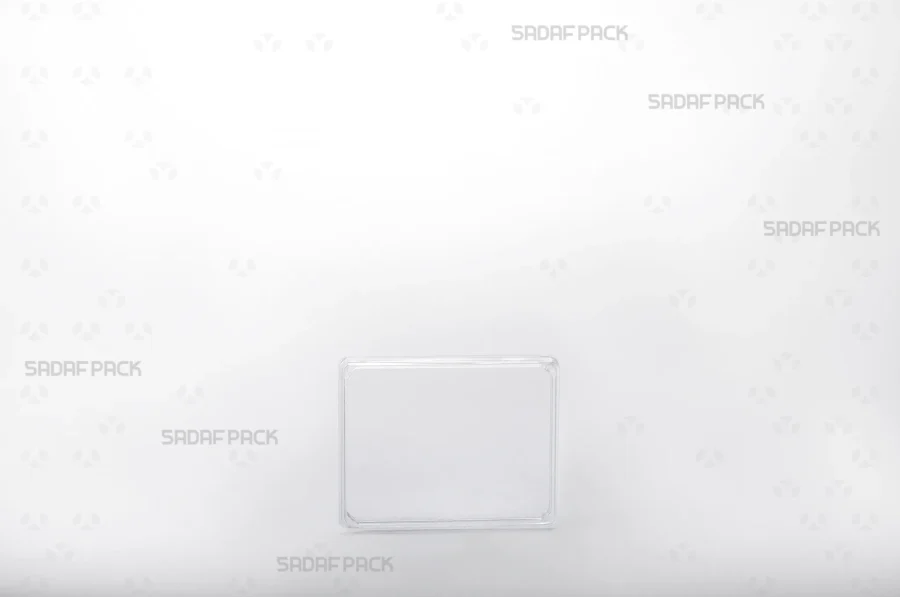 A front angle view of the Rectangle 7 Slim Crystal container, showcasing its precise rectangular structure and transparent polycrystal material.