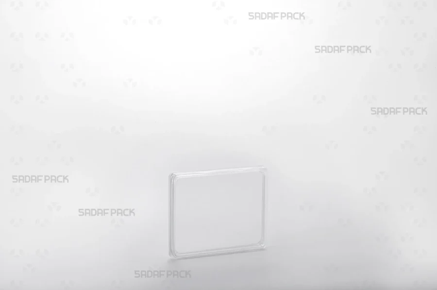 A three-quarter angle view of the Rectangle 7 Slim Crystal container by Sadaf Pack, highlighting its slender, clear design for premium saffron packaging.