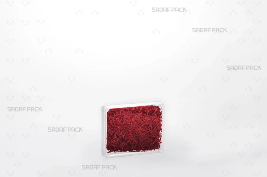 The Sadaf Pack Rectangle 7 Crystal container filled with saffron, demonstrating its ideal use for high-value export products.