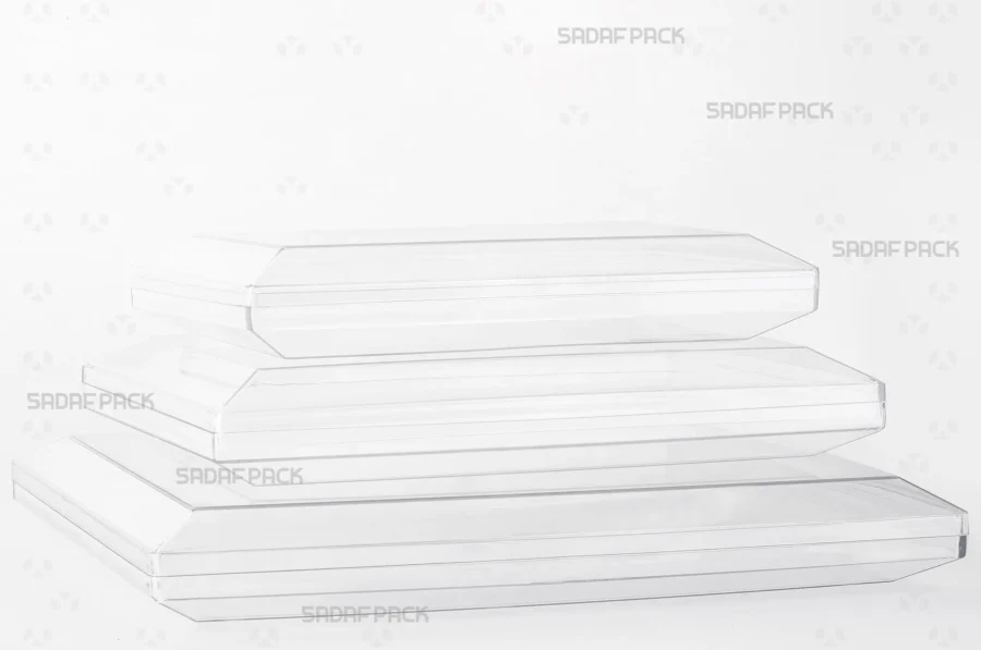 The complete Crystal Rectangle series collection, displaying the various sizes of large crystal containers available from Sadaf Pack.
