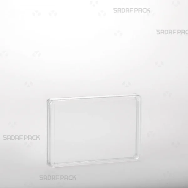 A three-quarter view of the 10.5 Crystal Rectangle container by Sadaf Pack, showcasing its transparent and elegant design for premium saffron packaging.