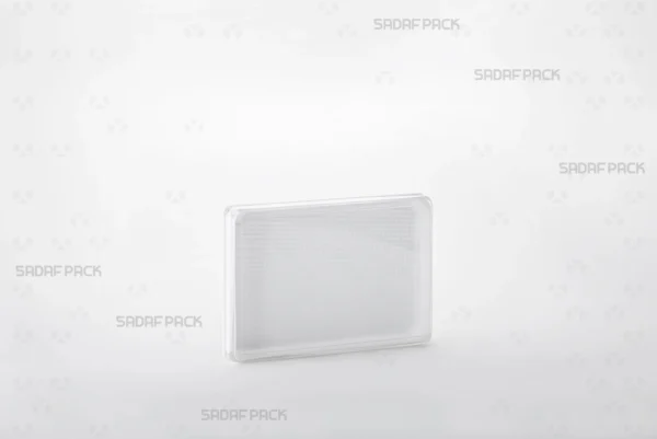 A three-quarter angle view of the 10.5 España Rectangular Container by Sadaf Pack, showcasing its clear polycrystal design.