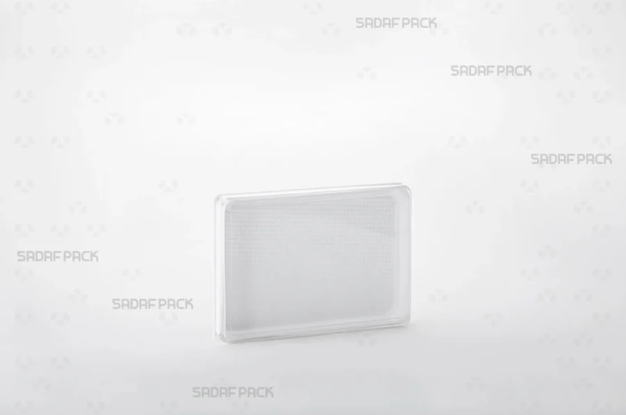 A three-quarter angle view of the 10.5 España Rectangular Container by Sadaf Pack, showcasing its clear polycrystal design.