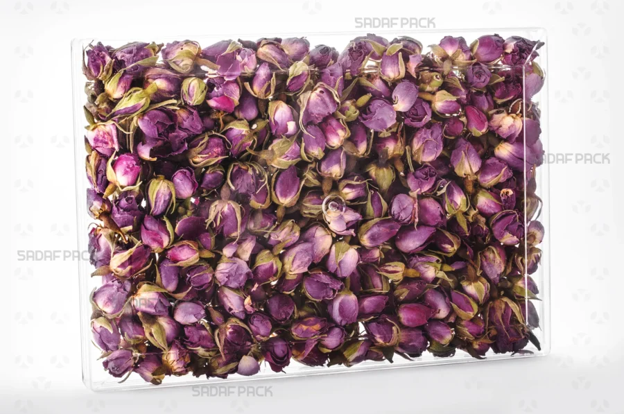 The elegant Rectangle 300 container filled with an assortment of Dried rose Petals, demonstrating its excellent product visibility and suitability for export gift packaging.