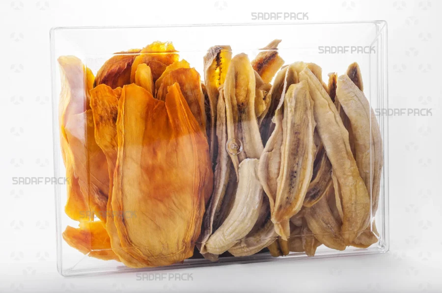 The elegant Rectangle 300 container filled with an assortment of dried fruits, demonstrating its excellent product visibility and suitability for export gift packaging.