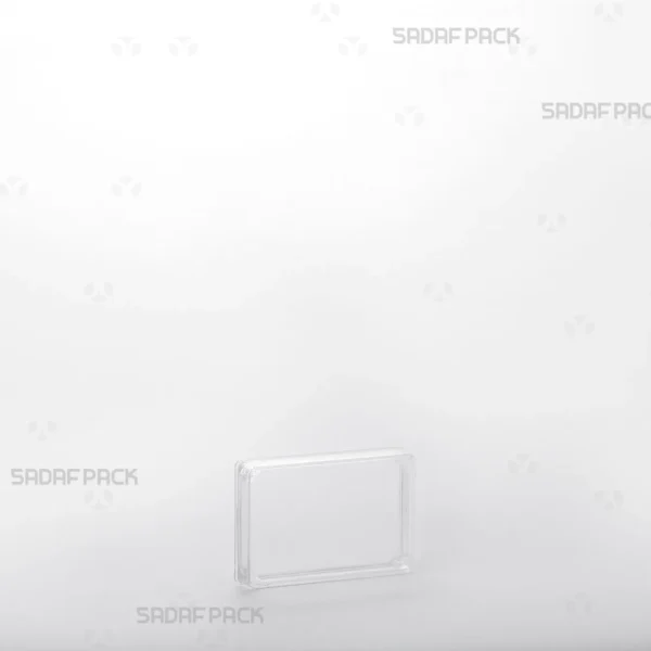 A three-quarter angle view of the 4 Crystal Rectangle container from Sadaf Pack, showcasing its clear, geometric design.