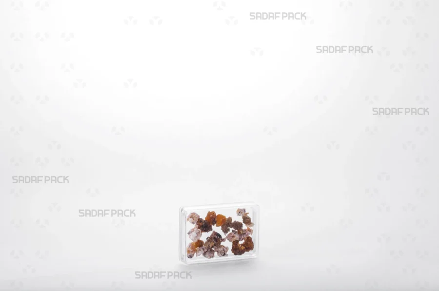 The 4 Crystal Rectangle container filled with premium Frankincense, demonstrating its ideal use for luxury export products.