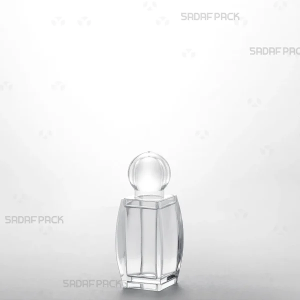 A three-quarter angle view of the elegant Sadaf 1 crystal container, showcasing its clear polycrystal design by Sadaf Pack.