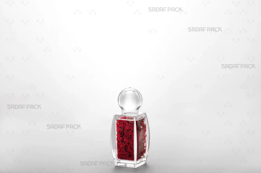 The Sadaf 1 container expertly filled with high-quality saffron, demonstrating its ideal use for premium export packaging.