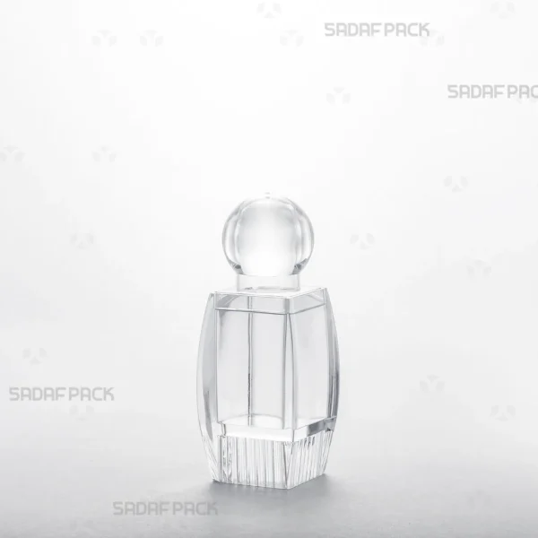A three-quarter view of the Sadaf 2 Raised Bottom Crystal Container by Sadaf Pack, showcasing its elegant design for premium products.