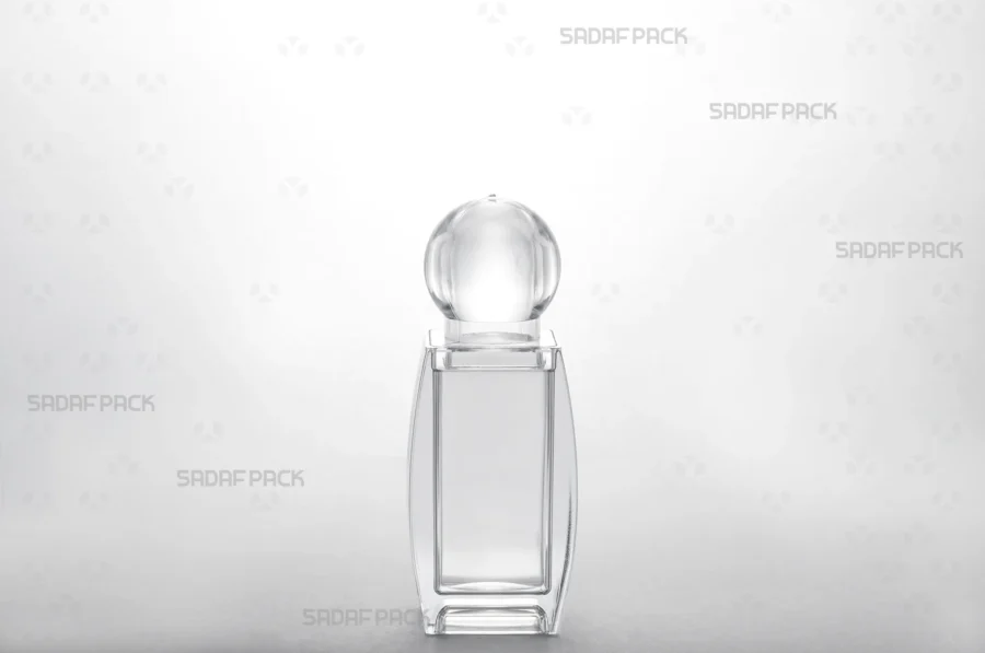 Front view of the Sadaf 3 container, highlighting its clear poly-crystal structure and classic cylindrical design for optimal product display.