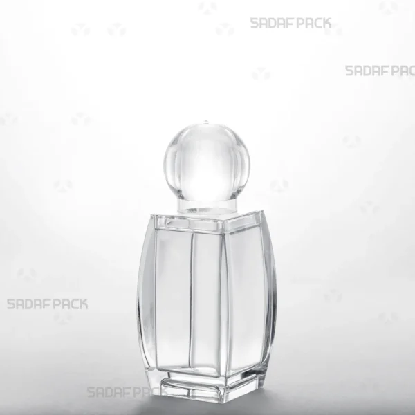 Three-quarter view of the Sadaf Series 3 crystal container by Sadaf Pack, an elegant packaging solution for premium saffron.