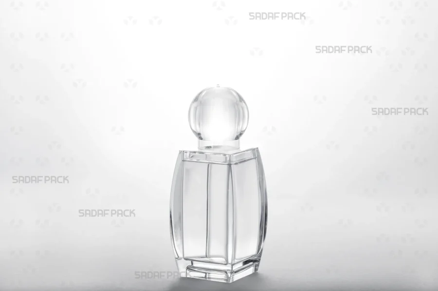 Three-quarter view of the Sadaf Series 3 crystal container by Sadaf Pack, an elegant packaging solution for premium saffron.