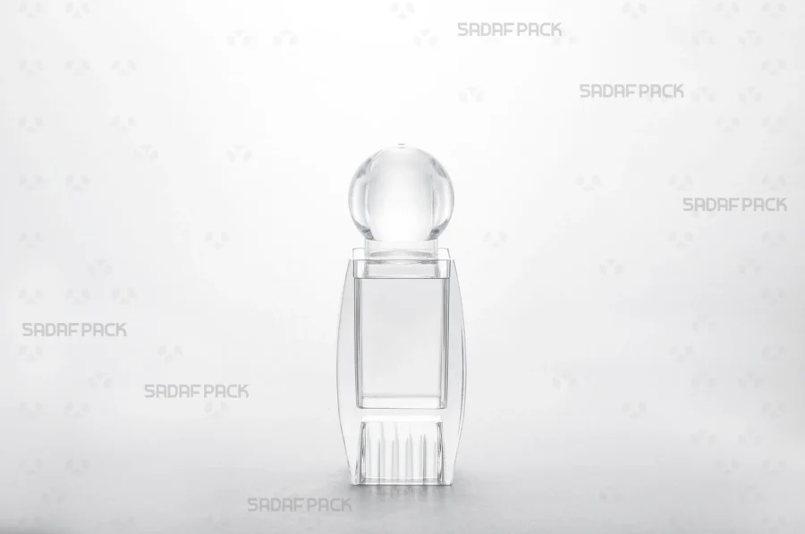 A front angle view of the Sadaf 3 Raised Bottom container, detailing its clear polycrystal structure and elevated base which enhances content visibility.