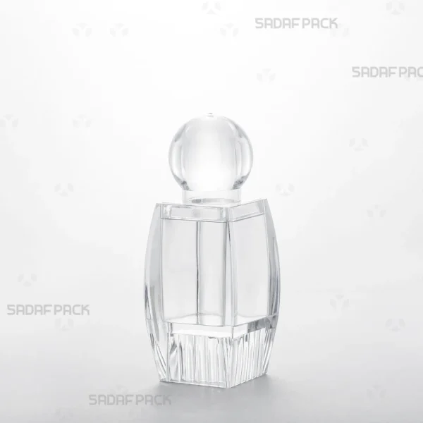Three-quarter view of the Sadaf 3 Raised Bottom Crystal Container by Sadaf Pack, designed for premium product display.