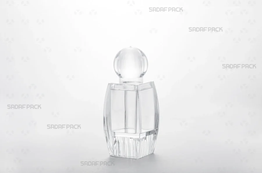 Three-quarter view of the Sadaf 3 Raised Bottom Crystal Container by Sadaf Pack, designed for premium product display.