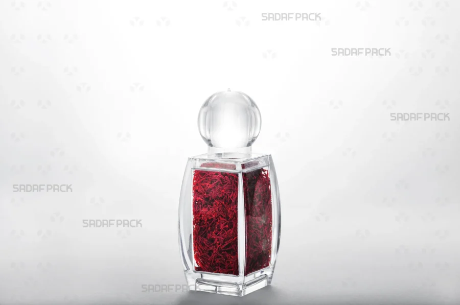 The Sadaf 3 crystal container filled with premium Iranian saffron, showcasing its capacity and suitability for high-value export products.