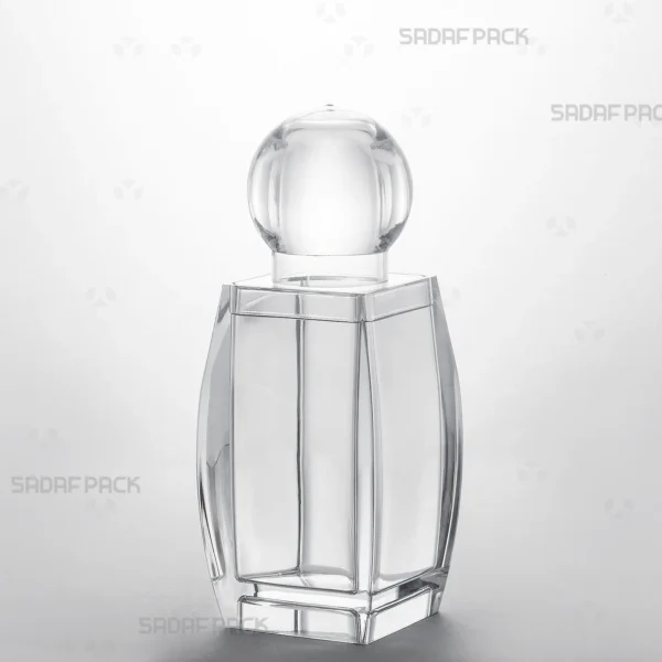 Three-quarter view of the Sadaf 4 crystal container, a premium packaging solution for saffron by Sadaf Pack.