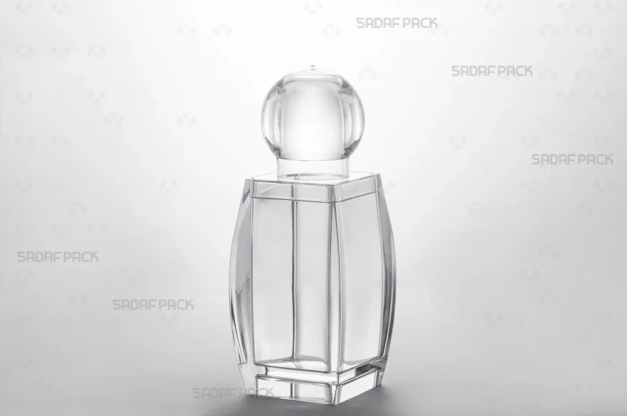 Three-quarter view of the Sadaf 4 crystal container, a premium packaging solution for saffron by Sadaf Pack.