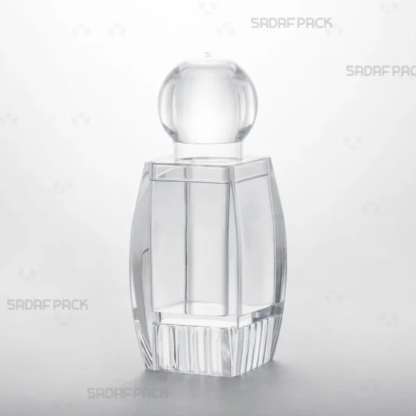 Three-quarter angle view of the Sadaf 4 Raised Bottom crystal container by Sadaf Pack.