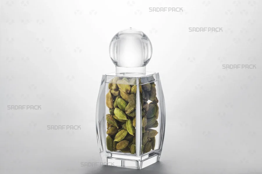 The elegant Sadaf 4 container filled with cardamom, showcasing its suitability for high-value export products.