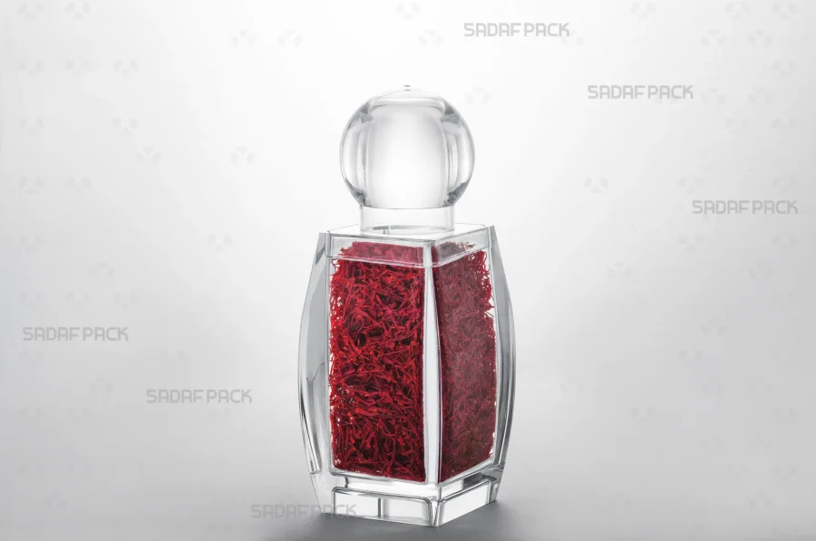 The elegant Sadaf 4 container filled with saffron, showcasing its suitability for high-value export products.
