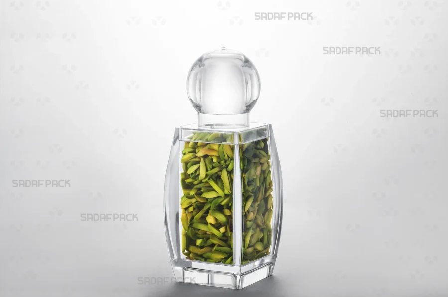 The elegant Sadaf 4 container filled with Slivered Pistachios, showcasing its suitability for high-value export products.