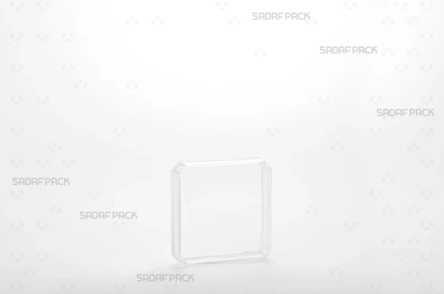 A three-quarter angle view of the elegant 4 gram Square crystal container by Sadaf Pack, showcasing its clear, geometric design ideal for premium saffron.