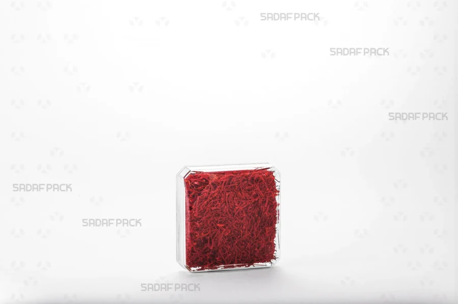 The 4 gram Square container filled with high-quality saffron, demonstrating its capacity and suitability for the export of luxury spices.