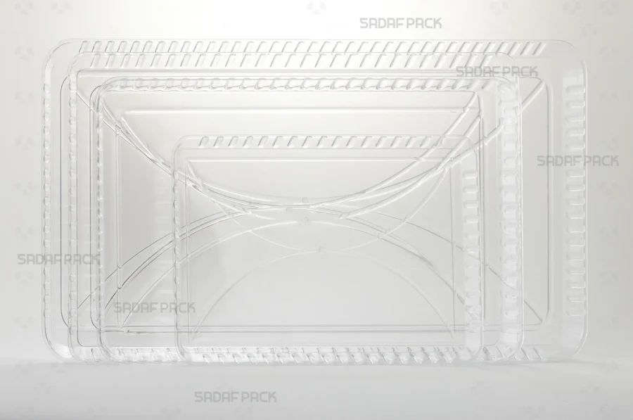 A collection of Sadaf Pack's Crystal Rectangle Trays in sizes 100, 150, 200, and 250, displayed together to show the full series.