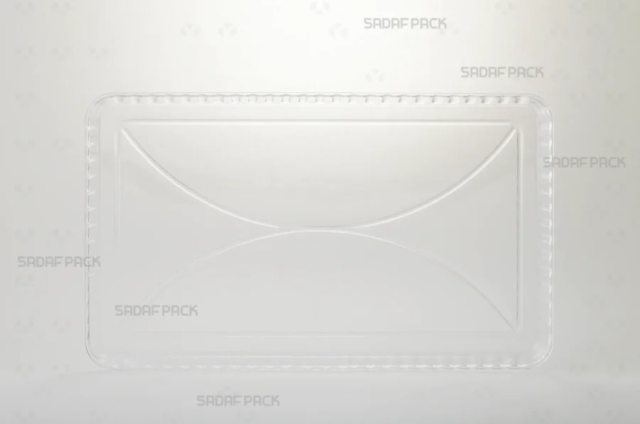 A direct front angle view of the Crystal Rectangle Tray 150. This image highlights the tray's depth and sturdy base, suitable for holding various confectionery items.
