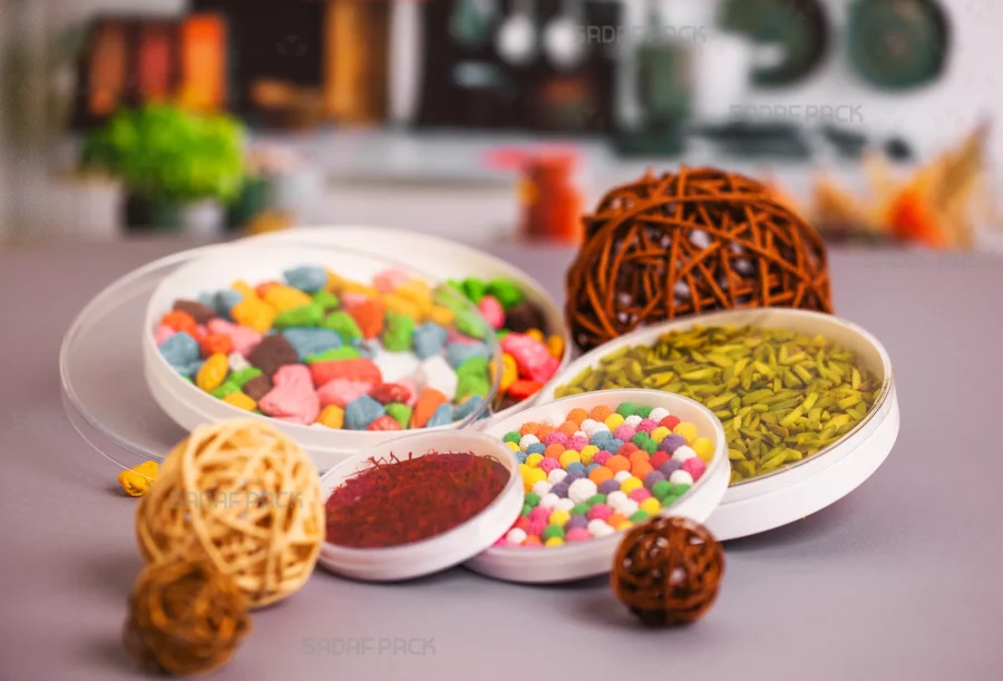 مجموعة من عبوات صدف باك الدائرية المزخرفة والعميقة ذات القواعد البيضاء والأغطية الشفافة، تعرض بأناقة مجموعة متنوعة من المنتجات الملونة بما في ذلك الزعفران الزاهي، وشرائح الفستق الأخضر، والحلويات المتنوعة، مما يبرز استخدامها المتعدد في تغليف الأطعمة الفاخرة.