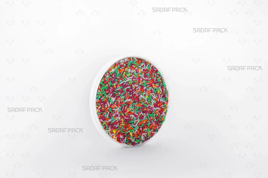 Three-quarter angle view of the 9 España container filled with Sprinkles, showcasing its suitability for luxury food exports.