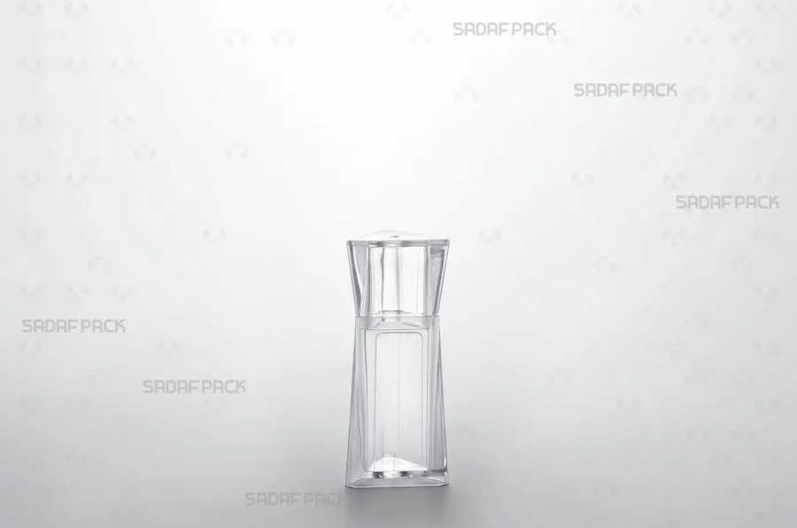 Front view of the Almas 1 container, showcasing its multifaceted, diamond-cut pattern and crystal-clear polycrystal structure.