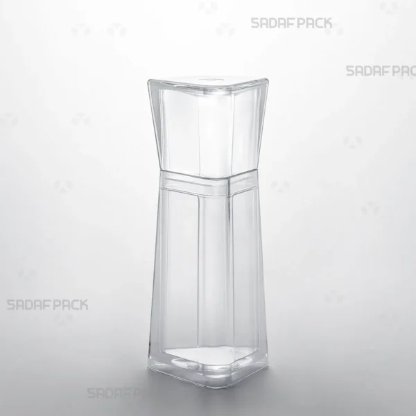 A three-quarter angle view of the elegant Almas 3 crystal container by Sadaf Pack, designed for premium saffron packaging.
