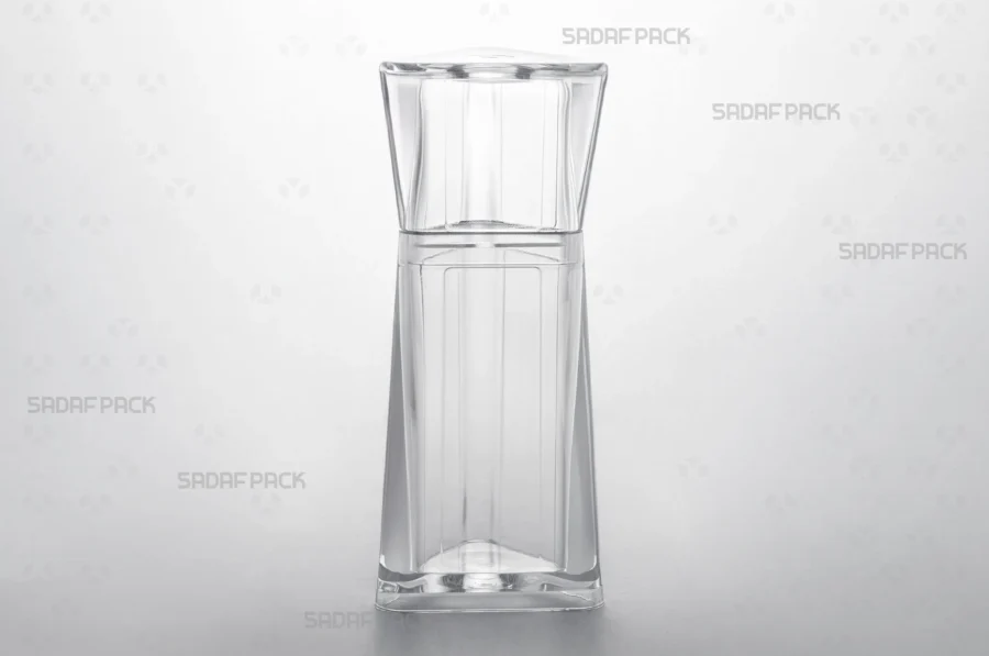 Front angle view of the Almas 4 crystal container, showcasing its diamond-cut design and transparent poly-crystal structure.