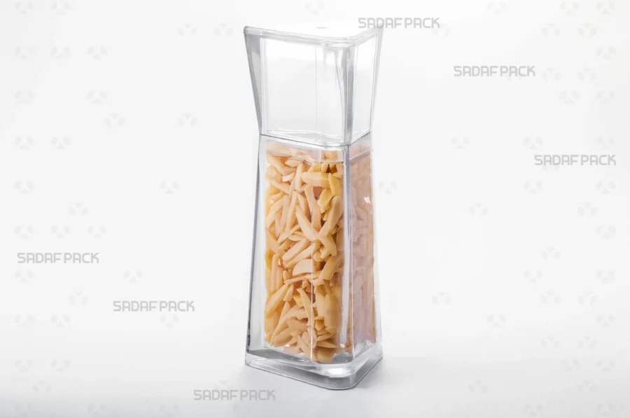 A three-quarter angle view of the Almas 4 container filled with Slivered Almonds, demonstrating its ideal use for export