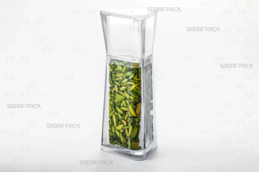 A three-quarter angle view of the Almas 4 container filled with Slivered Pistachios, demonstrating its ideal use for export