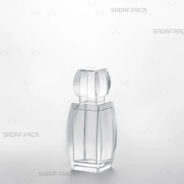 A three-quarter angle view of the elegant Azin 2 crystal container by Sadaf Pack, showcasing its sleek design ideal for premium saffron packaging.
