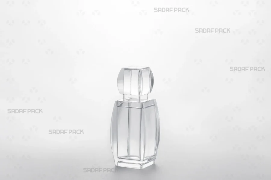 A three-quarter angle view of the elegant Azin 2 crystal container by Sadaf Pack, showcasing its sleek design ideal for premium saffron packaging.