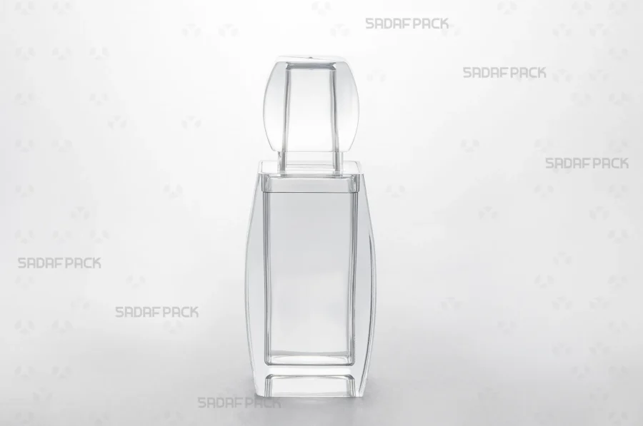 A frontal view of the Azin 4 container, highlighting its tall, geometric structure and the transparent quality of the poly-crystal material that allows full visibility of the contents.