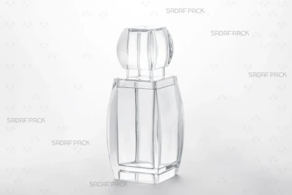 A three-quarter angle view of the elegant Azin 4 (Big) crystal container by Sadaf Pack, showcasing its clear, multifaceted design ideal for premium saffron packaging.