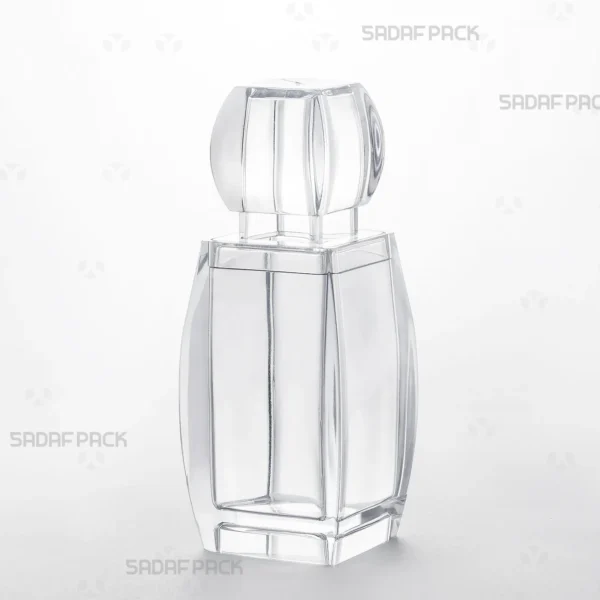 A three-quarter angle view of the elegant Azin 4 (Big) crystal container by Sadaf Pack, showcasing its clear, multifaceted design ideal for premium saffron packaging.