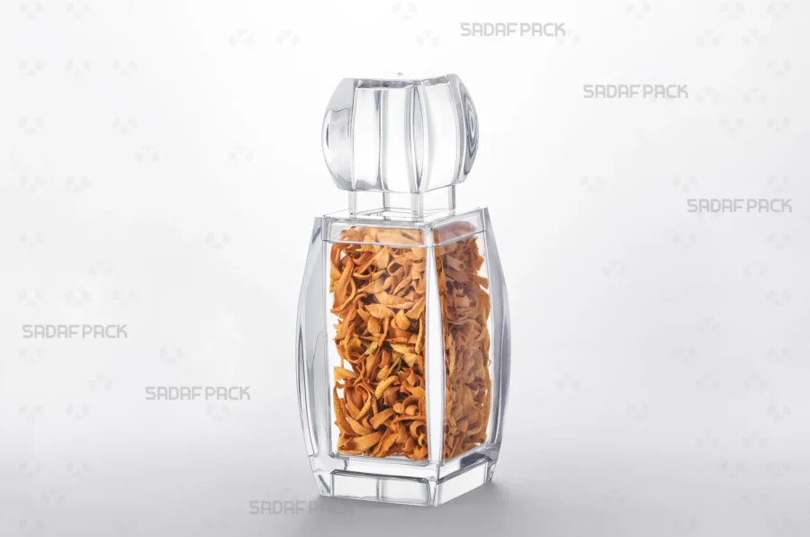 A three-quarter angle view of the Azin 4 container filled with high-quality Dried Orange Blossoms, demonstrating its suitability for the export of luxury food products.