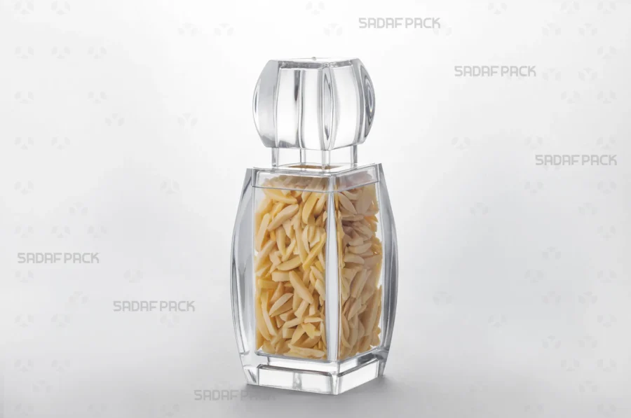 A three-quarter angle view of the Azin 4 container filled with high-quality Slivered Almonds, demonstrating its suitability for the export of luxury food products.